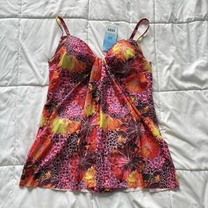 NWT Simply Fit Tropical Tankini Top Swimsuit Womens Large Floral Pink Feminine